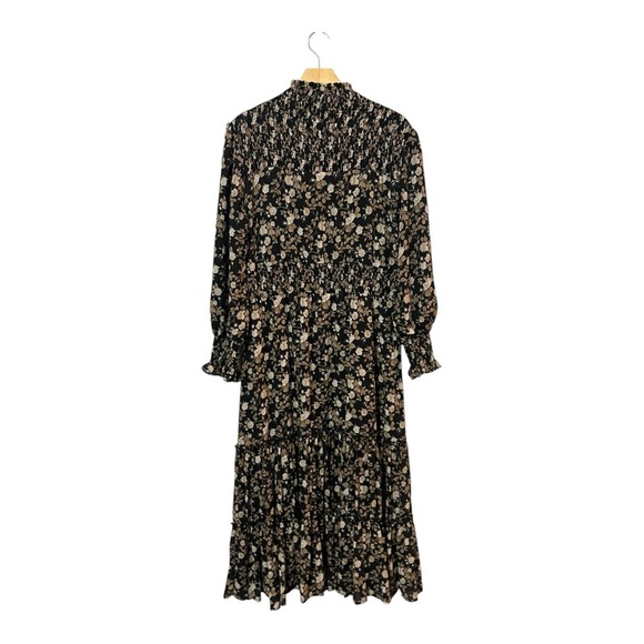 Bliss Floral Long Sleeve Dress Modest Size Large Maxi Black Brown Smocked - Picture 2 of 5